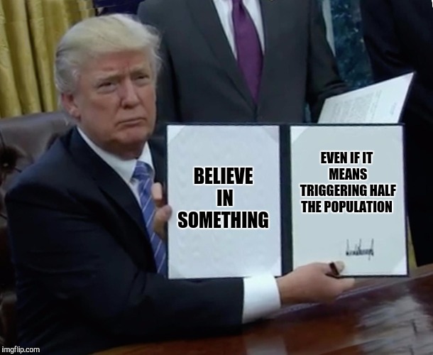 Trump Bill Signing | BELIEVE IN SOMETHING; EVEN IF IT MEANS TRIGGERING HALF THE POPULATION | image tagged in memes,trump bill signing | made w/ Imgflip meme maker