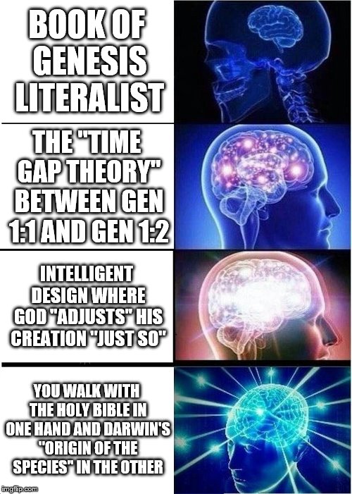 Biologos rules ! | BOOK OF GENESIS LITERALIST; THE "TIME GAP THEORY" BETWEEN GEN 1:1 AND GEN 1:2; INTELLIGENT DESIGN WHERE GOD "ADJUSTS" HIS CREATION "JUST SO"; YOU WALK WITH THE HOLY BIBLE IN ONE HAND AND DARWIN'S "ORIGIN OF THE SPECIES" IN THE OTHER | image tagged in memes,expanding brain | made w/ Imgflip meme maker