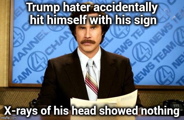 BREAKING NEWS | Trump hater accidentally hit himself with his sign X-rays of his head showed nothing | image tagged in breaking news | made w/ Imgflip meme maker