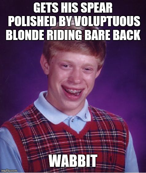 Bad Luck Brian Meme | GETS HIS SPEAR POLISHED BY VOLUPTUOUS BLONDE RIDING BARE BACK; WABBIT | image tagged in memes,bad luck brian | made w/ Imgflip meme maker