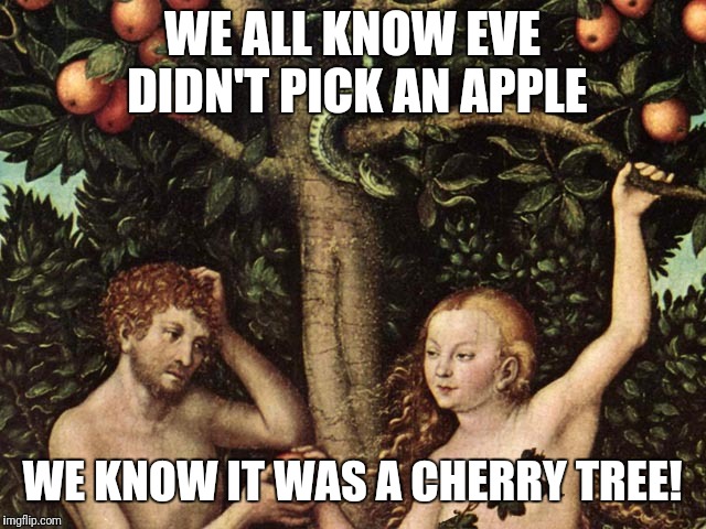 adam and eve | WE ALL KNOW EVE DIDN'T PICK AN APPLE; WE KNOW IT WAS A CHERRY TREE! | image tagged in adam and eve | made w/ Imgflip meme maker