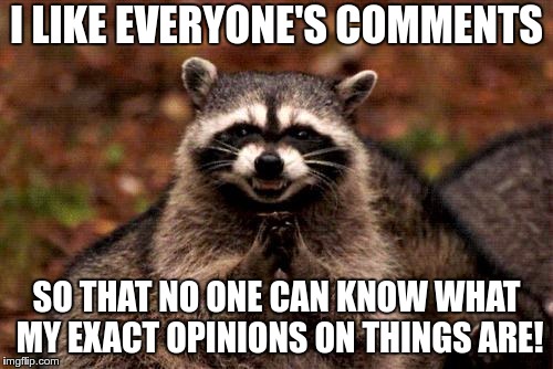 Evil Plotting Raccoon Meme | I LIKE EVERYONE'S COMMENTS; SO THAT NO ONE CAN KNOW WHAT MY EXACT OPINIONS ON THINGS ARE! | image tagged in memes,evil plotting raccoon | made w/ Imgflip meme maker