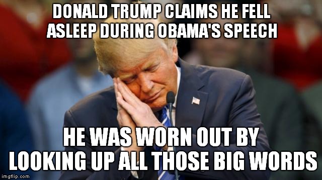 Vampires Sleep During The Day Anyway, Right? | DONALD TRUMP CLAIMS HE FELL ASLEEP DURING OBAMA'S SPEECH; HE WAS WORN OUT BY LOOKING UP ALL THOSE BIG WORDS | image tagged in donald trump | made w/ Imgflip meme maker