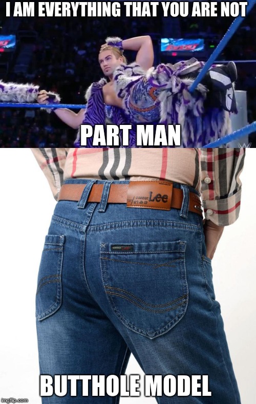 I AM EVERYTHING THAT YOU ARE NOT; PART MAN; BUTTHOLE MODEL | image tagged in wwe,pants | made w/ Imgflip meme maker