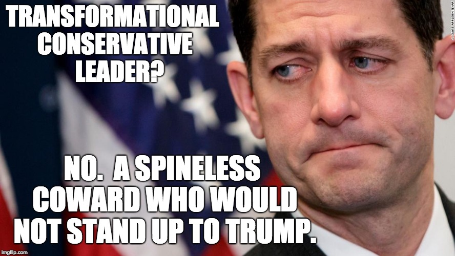 Paul Ryan - Spineless | TRANSFORMATIONAL CONSERVATIVE   LEADER? NO.  A SPINELESS COWARD WHO WOULD NOT STAND UP TO TRUMP. | image tagged in paul ryan - spineless | made w/ Imgflip meme maker