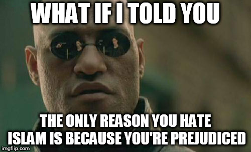 Matrix Morpheus | WHAT IF I TOLD YOU; THE ONLY REASON YOU HATE ISLAM IS BECAUSE YOU'RE PREJUDICED | image tagged in memes,matrix morpheus,islam,prejudice,hatred,idiocy | made w/ Imgflip meme maker