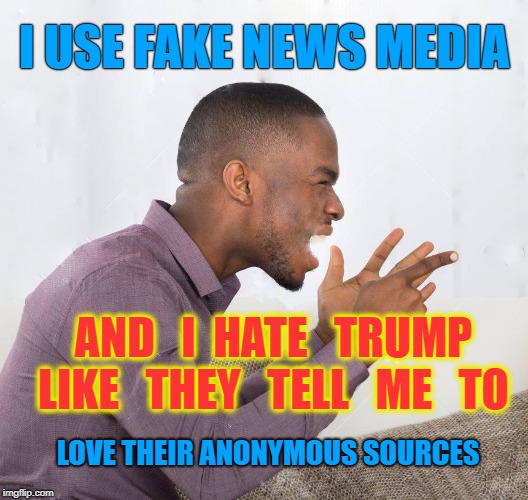 Hatred is easy with fake news media | I USE FAKE NEWS MEDIA; AND   I  HATE   TRUMP LIKE   THEY   TELL   ME   TO; LOVE THEIR ANONYMOUS SOURCES | image tagged in fake news,trump,mainstream media,hate,party of haters | made w/ Imgflip meme maker