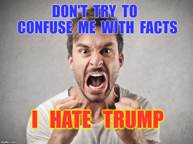 Propaganda junkies are terrified of the facts |  DON'T  TRY  TO  CONFUSE  ME  WITH  FACTS; I   HATE   TRUMP | image tagged in haters,trump,fake news,democrat,biased media | made w/ Imgflip meme maker