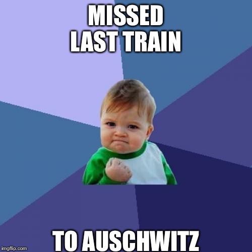 Success Kid | MISSED LAST TRAIN; TO AUSCHWITZ | image tagged in memes,success kid | made w/ Imgflip meme maker