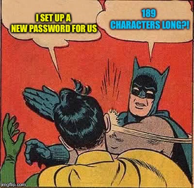 Batman Slapping Robin Meme | I SET UP A NEW PASSWORD FOR US 189 CHARACTERS LONG?! | image tagged in memes,batman slapping robin | made w/ Imgflip meme maker