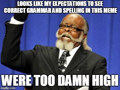 Too Damn High Meme | LOOKS LIKE MY EXPECTATIONS TO SEE CORRECT GRAMMAR AND SPELLING IN THIS MEME WERE TOO DAMN HIGH | image tagged in memes,too damn high | made w/ Imgflip meme maker