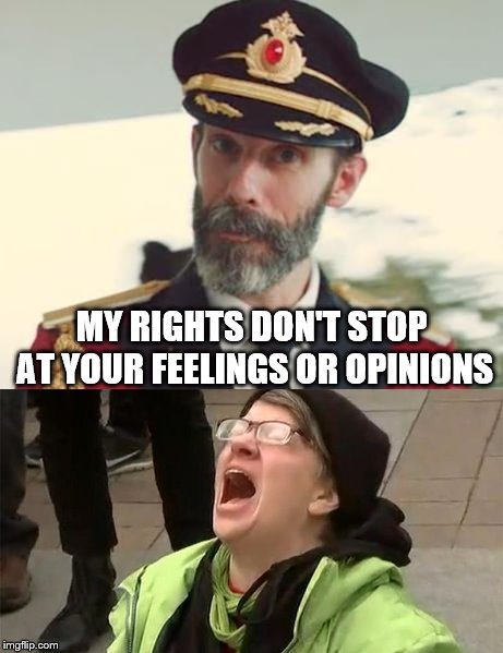 Not that hard to comprehend | MY RIGHTS DON'T STOP AT YOUR FEELINGS OR OPINIONS | image tagged in captain obvious,crying liberal | made w/ Imgflip meme maker
