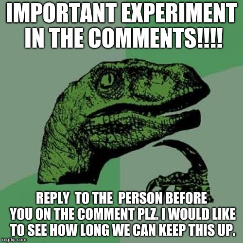 IMPORTANT EXPERIMENT!! | IMPORTANT EXPERIMENT IN THE COMMENTS!!!! REPLY  TO THE  PERSON BEFORE YOU ON THE COMMENT PLZ. I WOULD LIKE TO SEE HOW LONG WE CAN KEEP THIS UP. | image tagged in memes,philosoraptor | made w/ Imgflip meme maker