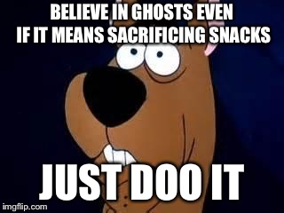 Scooby Doo Surprised | BELIEVE IN GHOSTS EVEN IF IT MEANS SACRIFICING SNACKS; JUST DOO IT | image tagged in scooby doo surprised | made w/ Imgflip meme maker