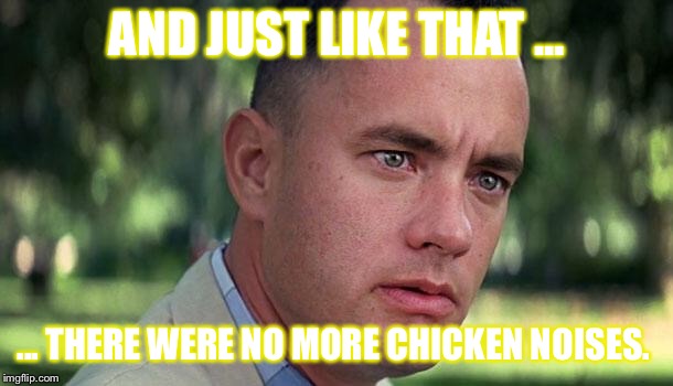 Forest Gump | AND JUST LIKE THAT ... ... THERE WERE NO MORE CHICKEN NOISES. | image tagged in forest gump | made w/ Imgflip meme maker