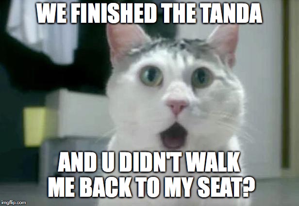 OMG Cat | WE FINISHED THE TANDA; AND U DIDN'T WALK ME BACK TO MY SEAT? | image tagged in memes,omg cat | made w/ Imgflip meme maker