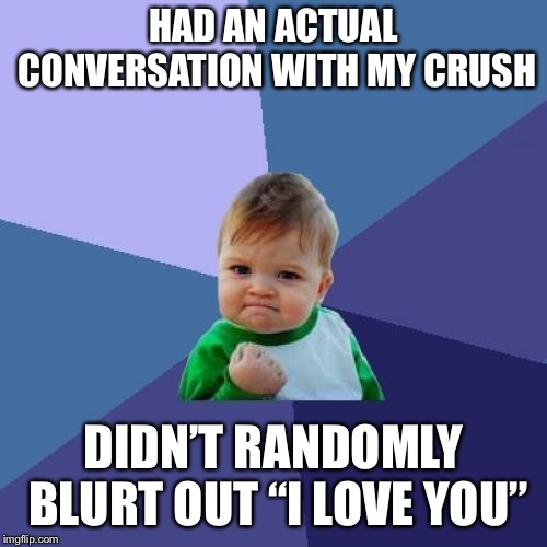 This didn’t actually happen because pretty much none of my past crushes have ever talked to me. | HAD AN ACTUAL CONVERSATION WITH MY CRUSH; DIDN’T RANDOMLY BLURT OUT “I LOVE YOU” | image tagged in memes,success kid | made w/ Imgflip meme maker