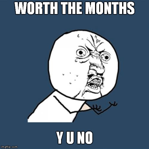 Y U No | WORTH THE MONTHS; Y U NO | image tagged in memes,y u no | made w/ Imgflip meme maker