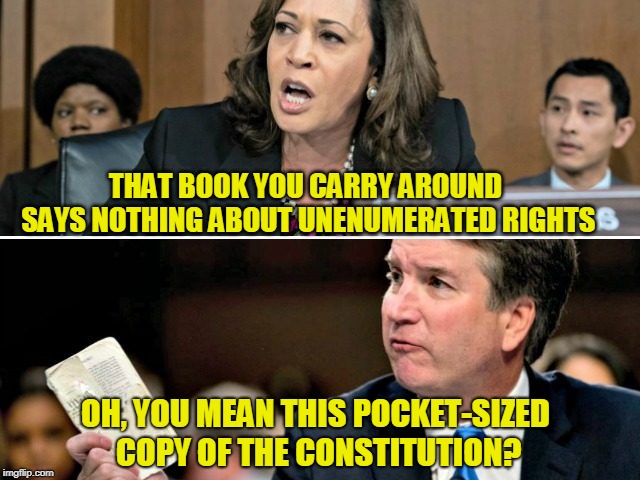 Whatever That Silly Book Is | THAT BOOK YOU CARRY AROUND SAYS NOTHING ABOUT UNENUMERATED RIGHTS; OH, YOU MEAN THIS POCKET-SIZED COPY OF THE CONSTITUTION? | image tagged in kamala harris,brett kavanaugh,constitution,scotus,senate | made w/ Imgflip meme maker