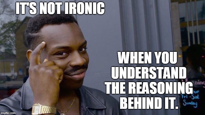 Roll Safe Think About It Meme | IT'S NOT IRONIC WHEN YOU UNDERSTAND THE REASONING BEHIND IT. | image tagged in memes,roll safe think about it | made w/ Imgflip meme maker