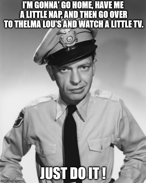 Barney Fife | I'M GONNA' GO HOME, HAVE ME A LITTLE NAP, AND THEN GO OVER TO THELMA LOU'S AND WATCH A LITTLE TV. JUST DO IT ! | image tagged in barney fife | made w/ Imgflip meme maker