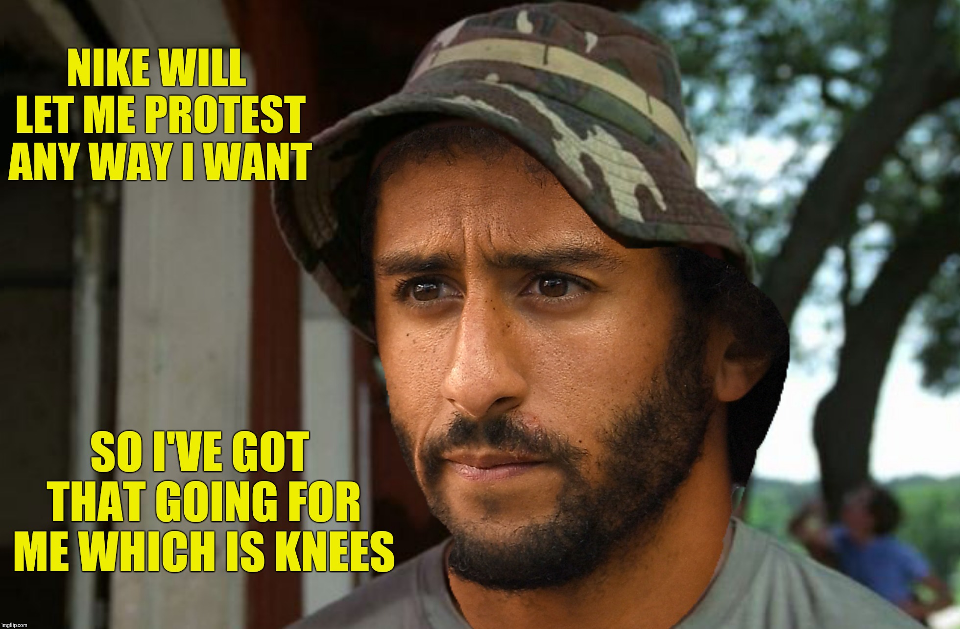 Bad Photoshop Sunday presents:  Gunga Galunga | NIKE WILL LET ME PROTEST ANY WAY I WANT; SO I'VE GOT THAT GOING FOR ME WHICH IS KNEES | image tagged in bad photoshop sunday,caddyshack,colin kaepernick | made w/ Imgflip meme maker