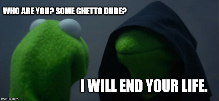 Evil Kermit | WHO ARE YOU? SOME GHETTO DUDE? I WILL END YOUR LIFE. | image tagged in memes,evil kermit | made w/ Imgflip meme maker