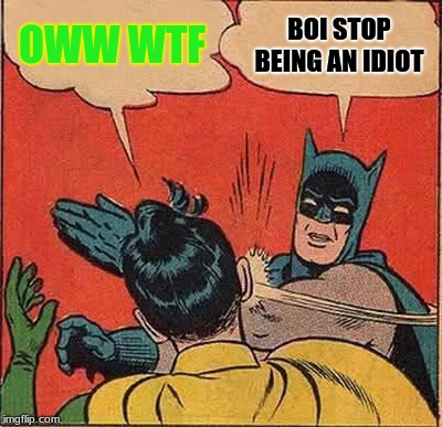 Batman Slapping Robin | OWW WTF; BOI STOP BEING AN IDIOT | image tagged in memes,batman slapping robin | made w/ Imgflip meme maker