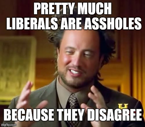 Ancient Aliens Meme | PRETTY MUCH LIBERALS ARE ASSHOLES BECAUSE THEY DISAGREE | image tagged in memes,ancient aliens | made w/ Imgflip meme maker