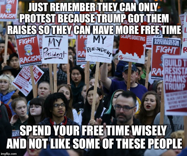 Anti Trump protest | JUST REMEMBER THEY CAN ONLY PROTEST BECAUSE TRUMP GOT THEM RAISES SO THEY CAN HAVE MORE FREE TIME; SPEND YOUR FREE TIME WISELY AND NOT LIKE SOME OF THESE PEOPLE | image tagged in anti trump protest | made w/ Imgflip meme maker