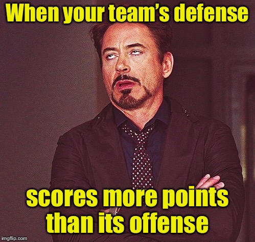 College Football | When your team’s defense; scores more points than its offense | image tagged in robert downey jr rolling eyes,memes,irony | made w/ Imgflip meme maker