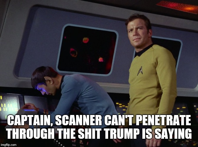star trek spock | CAPTAIN, SCANNER CAN'T PENETRATE THROUGH THE SHIT TRUMP IS SAYING | image tagged in star trek spock | made w/ Imgflip meme maker