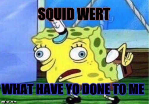 Mocking Spongebob | SQUID WERT; WHAT HAVE YO DONE TO ME | image tagged in memes,mocking spongebob | made w/ Imgflip meme maker
