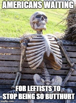 Waiting Skeleton Meme | AMERICANS WAITING FOR LEFTISTS TO STOP BEING SO BUTTHURT | image tagged in memes,waiting skeleton | made w/ Imgflip meme maker