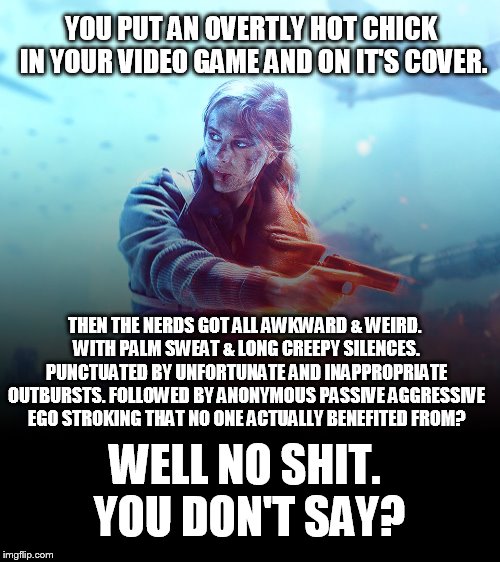 Just another day on the internets. | YOU PUT AN OVERTLY HOT CHICK IN YOUR VIDEO GAME AND ON IT'S COVER. THEN THE NERDS GOT ALL AWKWARD & WEIRD. WITH PALM SWEAT & LONG CREEPY SILENCES. PUNCTUATED BY UNFORTUNATE AND INAPPROPRIATE OUTBURSTS. FOLLOWED BY ANONYMOUS PASSIVE AGGRESSIVE EGO STROKING THAT NO ONE ACTUALLY BENEFITED FROM? WELL NO SHIT. YOU DON'T SAY? | image tagged in battlefield v,politics,sjw,mgtow,nerds | made w/ Imgflip meme maker