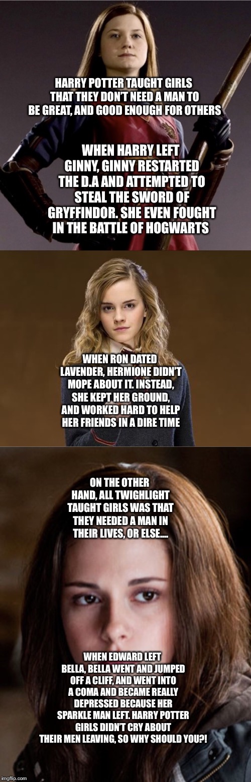 HARRY POTTER TAUGHT GIRLS THAT THEY DON’T NEED A MAN TO BE GREAT, AND GOOD ENOUGH FOR OTHERS; WHEN HARRY LEFT GINNY, GINNY RESTARTED THE D.A AND ATTEMPTED TO STEAL THE SWORD OF GRYFFINDOR. SHE EVEN FOUGHT IN THE BATTLE OF HOGWARTS; WHEN RON DATED LAVENDER, HERMIONE DIDN’T MOPE ABOUT IT. INSTEAD, SHE KEPT HER GROUND, AND WORKED HARD TO HELP HER FRIENDS IN A DIRE TIME; ON THE OTHER HAND, ALL TWIGHLIGHT TAUGHT GIRLS WAS THAT THEY NEEDED A MAN IN THEIR LIVES, OR ELSE.... WHEN EDWARD LEFT BELLA, BELLA WENT AND JUMPED OFF A CLIFF, AND WENT INTO A COMA AND BECAME REALLY DEPRESSED BECAUSE HER SPARKLE MAN LEFT. HARRY POTTER GIRLS DIDN’T CRY ABOUT THEIR MEN LEAVING, SO WHY SHOULD YOU?! | made w/ Imgflip meme maker