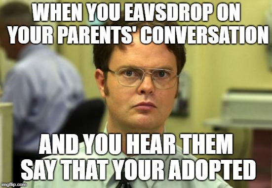 Dwight Schrute Meme | WHEN YOU EAVSDROP ON YOUR PARENTS' CONVERSATION; AND YOU HEAR THEM SAY THAT YOUR ADOPTED | image tagged in memes,dwight schrute,funny memes,funny meme,adopted,meme | made w/ Imgflip meme maker