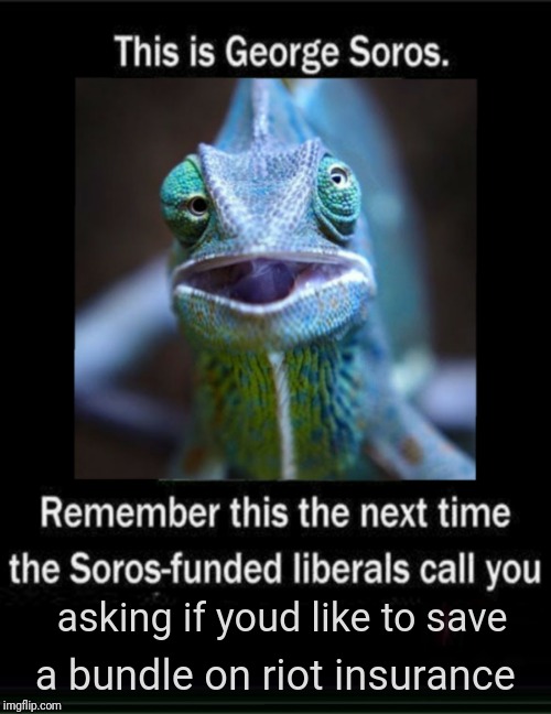 asking if youd like to save; a bundle on riot insurance | image tagged in george gecko soros save a bundle | made w/ Imgflip meme maker