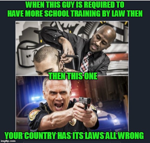 cop | WHEN THIS GUY IS REQUIRED TO HAVE MORE SCHOOL TRAINING BY LAW THEN; THEN THIS ONE; YOUR COUNTRY HAS ITS LAWS ALL WRONG | image tagged in cops | made w/ Imgflip meme maker