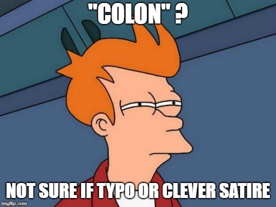 Futurama Fry Meme | "COLON" ? NOT SURE IF TYPO OR CLEVER SATIRE | image tagged in memes,futurama fry | made w/ Imgflip meme maker