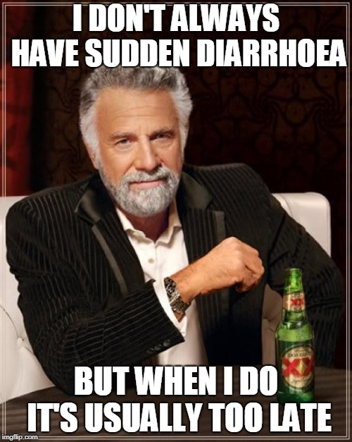 The Most Interesting Man In The World | I DON'T ALWAYS HAVE SUDDEN DIARRHOEA; BUT WHEN I DO IT'S USUALLY TOO LATE | image tagged in memes,the most interesting man in the world | made w/ Imgflip meme maker