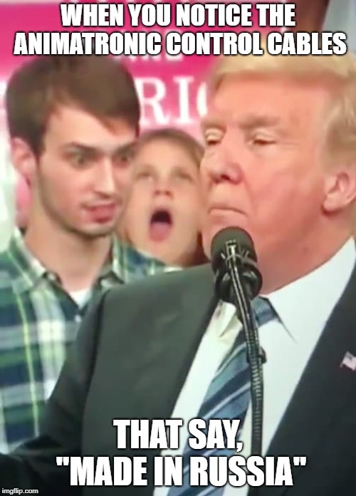 Plaid Shirt Guy | WHEN YOU NOTICE THE ANIMATRONIC CONTROL CABLES; THAT SAY, "MADE IN RUSSIA" | image tagged in plaid shirt guy | made w/ Imgflip meme maker
