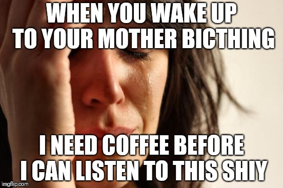 First World Problems Meme | WHEN YOU WAKE UP TO YOUR MOTHER BICTHING; I NEED COFFEE BEFORE I CAN LISTEN TO THIS SHIY | image tagged in memes,first world problems | made w/ Imgflip meme maker