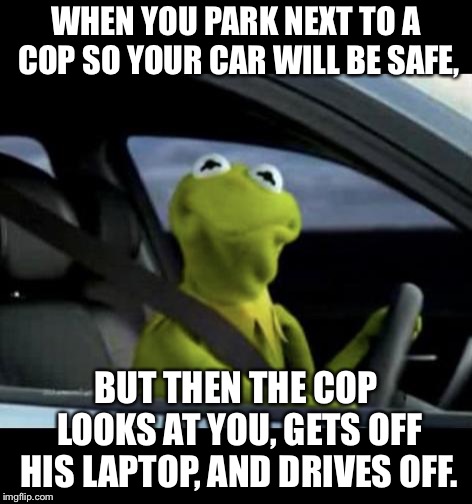 Kermit Driving | WHEN YOU PARK NEXT TO A COP SO YOUR CAR WILL BE SAFE, BUT THEN THE COP LOOKS AT YOU, GETS OFF HIS LAPTOP, AND DRIVES OFF. | image tagged in kermit driving | made w/ Imgflip meme maker