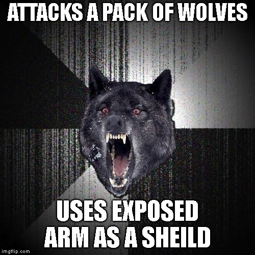 Insanity Wolf | ATTACKS A PACK OF WOLVES; USES EXPOSED ARM AS A SHEILD | image tagged in memes,insanity wolf | made w/ Imgflip meme maker