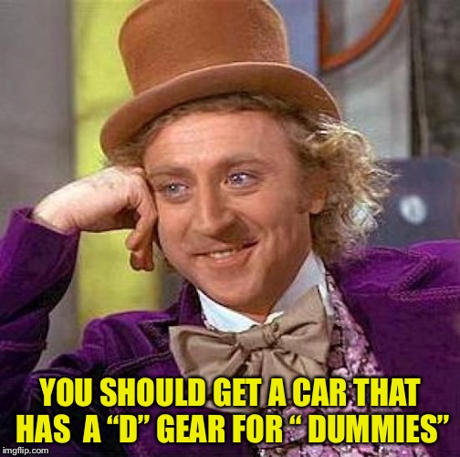 Creepy Condescending Wonka Meme | YOU SHOULD GET A CAR THAT HAS  A “D” GEAR FOR “ DUMMIES” | image tagged in memes,creepy condescending wonka | made w/ Imgflip meme maker