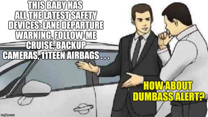 Car Salesman Slaps Roof Of Car Meme | THIS BABY HAS ALL THE LATEST SAFETY DEVICES: LANE DEPARTURE WARNING, FOLLOW-ME CRUISE, BACKUP CAMERAS, 11TEEN AIRBAGS . . . HOW ABOUT DUMBAS | image tagged in slaps roof of car | made w/ Imgflip meme maker
