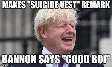 Boris Johnson | MAKES "SUICIDE VEST" REMARK; BANNON SAYS "GOOD BOI" | image tagged in boris johnson | made w/ Imgflip meme maker