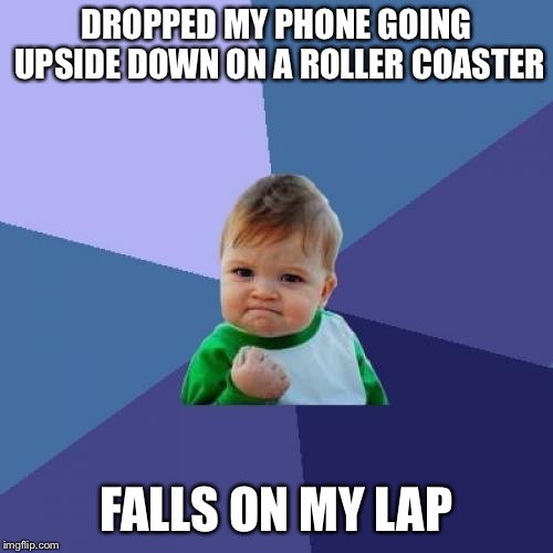 Success Kid Meme | DROPPED MY PHONE GOING UPSIDE DOWN ON A ROLLER COASTER; FALLS ON MY LAP | image tagged in memes,success kid | made w/ Imgflip meme maker