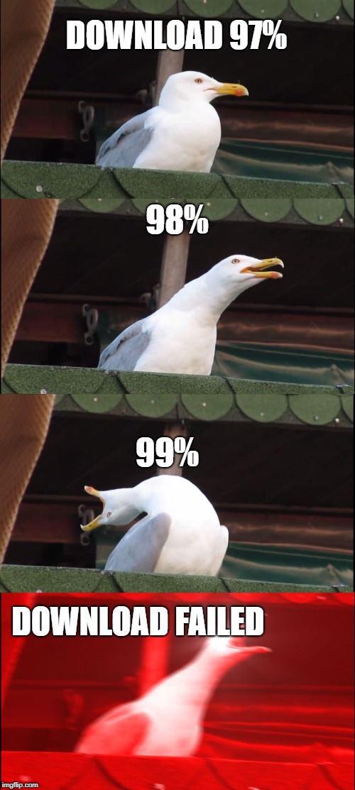 Inhaling Seagull | DOWNLOAD 97%; 98%; 99%; DOWNLOAD FAILED | image tagged in memes,inhaling seagull | made w/ Imgflip meme maker